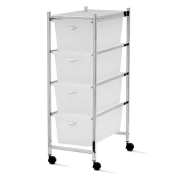 

Drawer cart metal frame and wheels, with 4 drawers opaque plastic and white ledge top