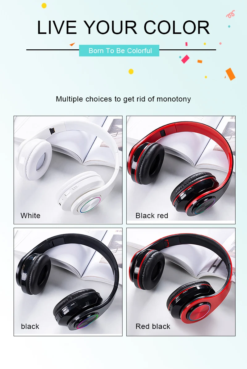 Blueooth Wireless Headphones LED Colorful Light Portable Folding Stereo Headsets Wireless Earphones With Mic TF Card Mp3 Player (1)