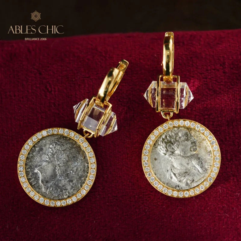 Byzantine 18K Gold Authentic Ancient Silver Coin Drop Earrings Natural  Crystal Diamond Halo Flip Lira Medallion Earrings - AliExpress