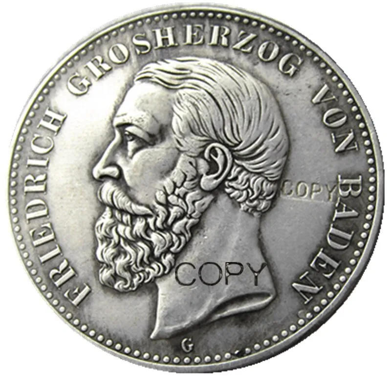 Satu set (1891-1901) 5pcs NEGERI NEGARA BADEN - 5 mark Silver Plated Copy Coin