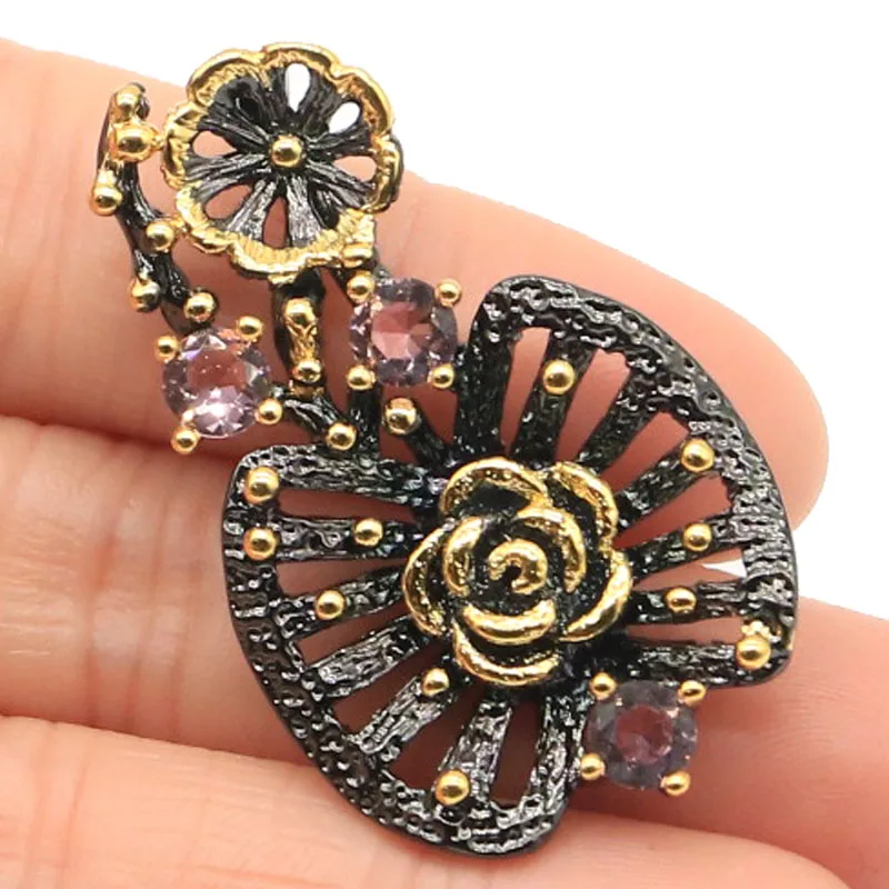 

41x25mm Sublime Antique Vintage Created Pink Kunzite Gift For Woman's Black Gold Silver Pendant