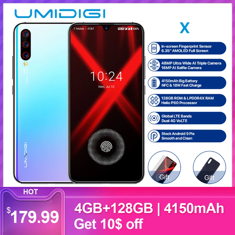 UMIDIGI X 6,35 дюймов AMOLED 4 Гб 128 ГБ глобальная версия Смартфон Android 9,0 Helio P60 48MP 4150 мАч отпечаток пальца NFC 4G мобильный телефон