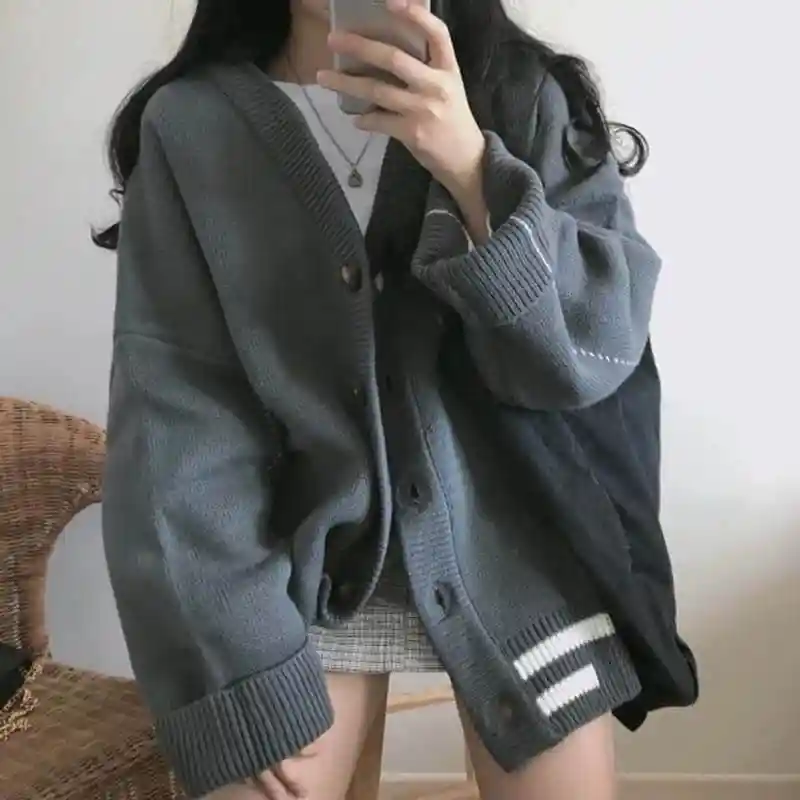 NiceMix женский корейский стиль с v-образным вырезом вязаный кардиган свитер осень длинный рукав свободные кардиганы женские негабаритные зимние свитера