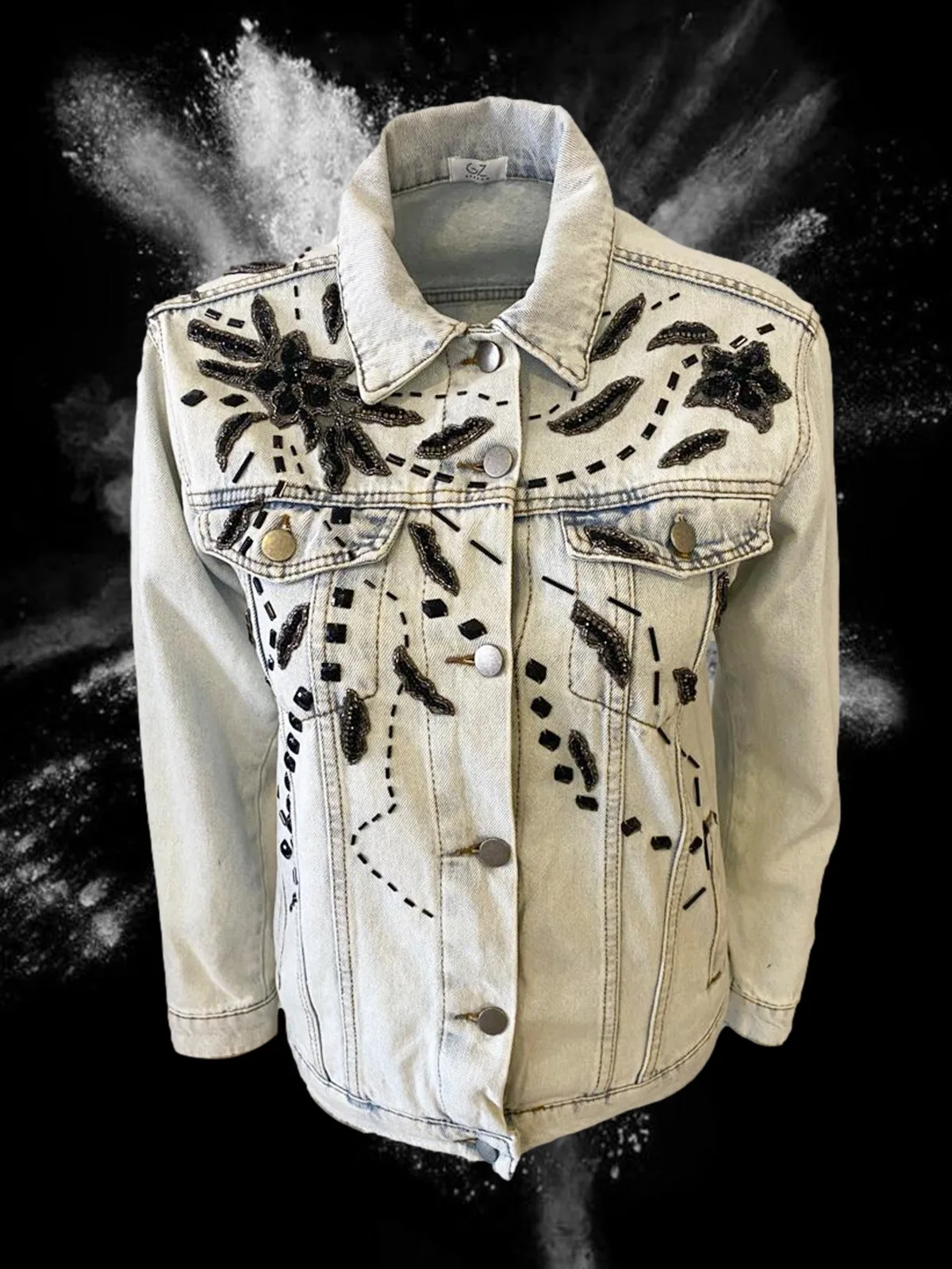 GZ Design 2022 Fashion Handmade Black and Silver Embroidered Light Color Washed Women Denim Jacket