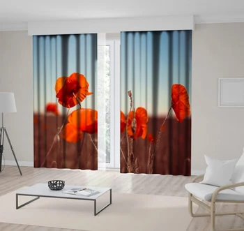 

Curtain Wild Poppy Flowers horse Summer Meadow Wildflowers at Sunrise Nature Landscape Blue Orange Brown