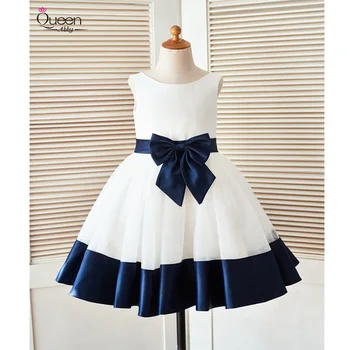 

White and Dark Blue Ball Gown New Flower Girl Dress 2020 Simple Satin Tulle Dress with Big Bow Sleeveless Zipper up Dress