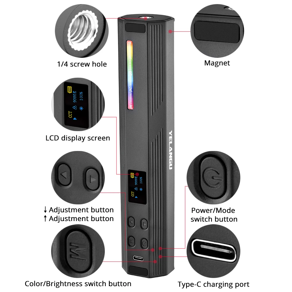 light meter photography YELANGU LM32 LED Video Light Handheld RGB Photography Light Tube Stick Magnetic Fill light 2500K-9900K Dimmable for Vlog TikTok cable cameras