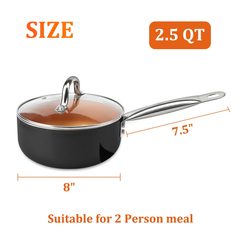 2,5 Qt. Медная антипригарная Кастрюля с крышкой для приготовления супа, рагу, соуса, макаронных изделий и разогрева пищи