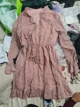 Las mujeres Rosa Vestido para damas apliques Vestido camisero de gasa de las mujeres cuello con volantes de manga larga cintura Mini Vestido de verano Vestido de