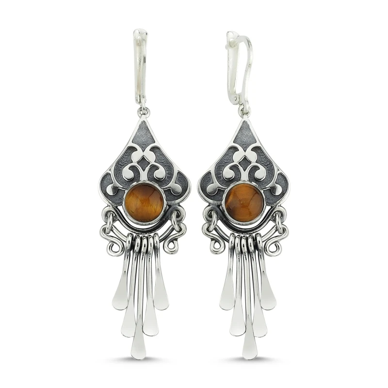 

Silver 925 Sterling Tiger Eye Stone Dangle Hand Handwork Earrings