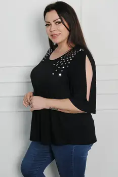 

Sans Textile Women Black Sequin Detailed Shoulder Low-Cut Blouse 65 N15687