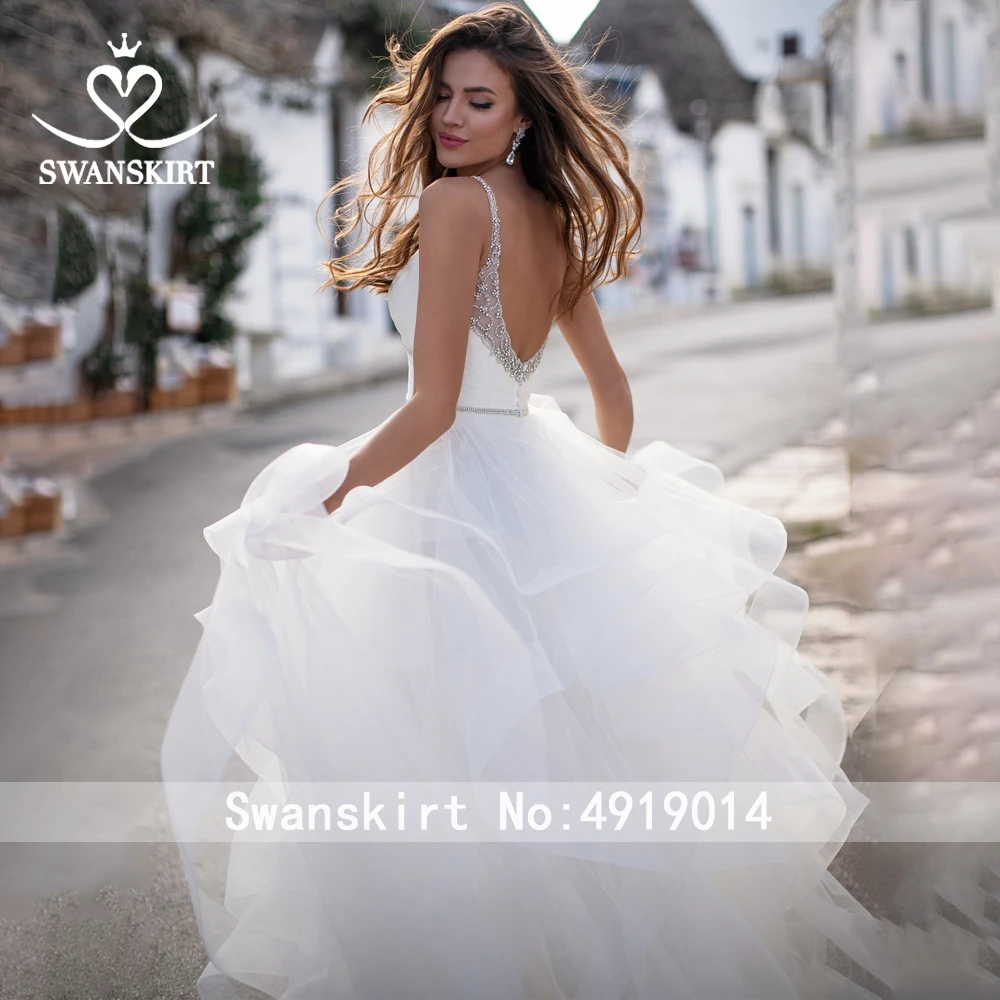 Модное вышитое бисером свадебное платье Swanskirt K309 бальное платье из тюля с рюшами сексуальное платье для невесты принцессы с открытой спиной Иллюзия Vestido de Noiva