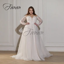 

Glittery Oversized Scoop Neck Wedding Dresses Big Size Lace Appliques A-Line Long Sleeve Bridal Gown Customize robe de mariée