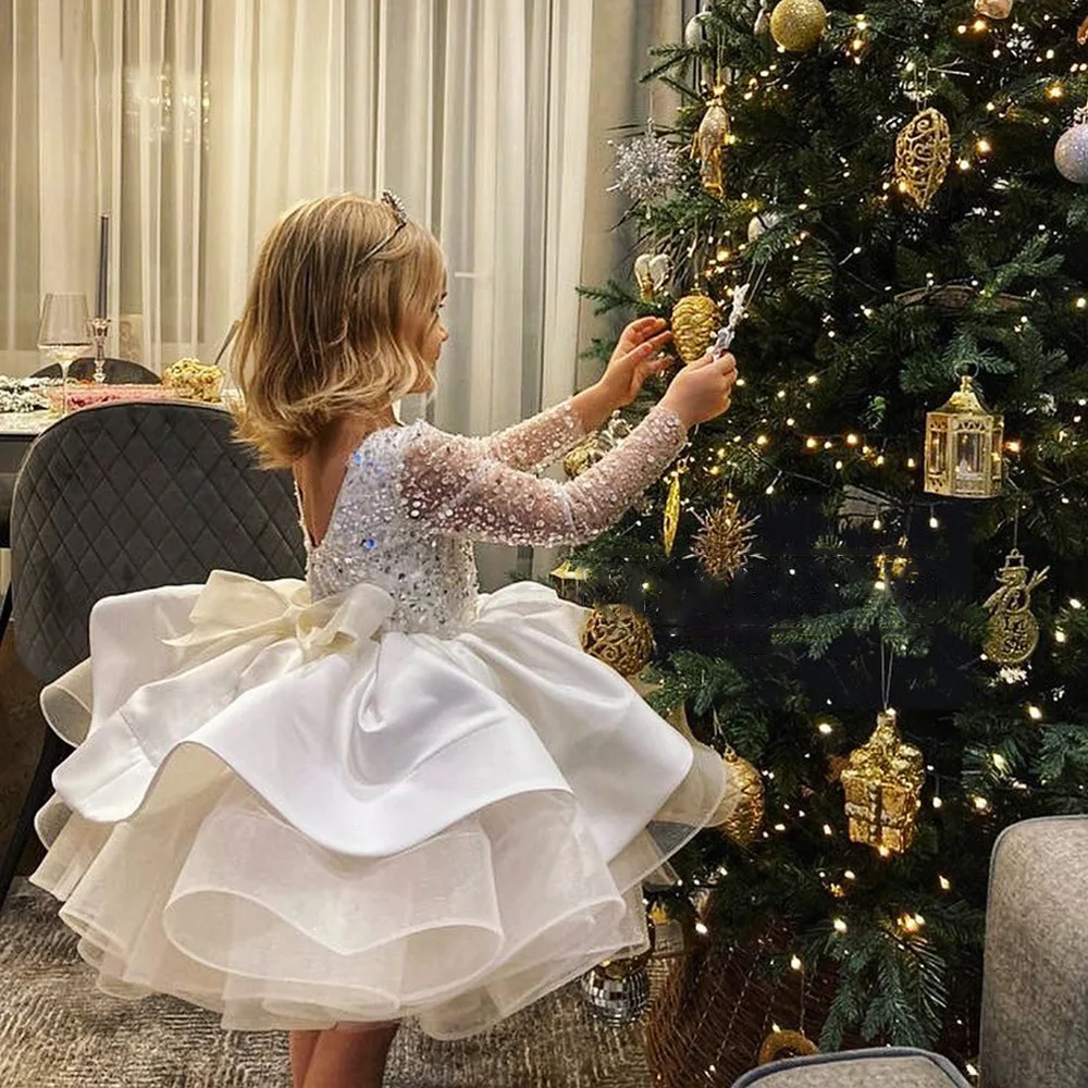 Formal Long Sleeve Lace Sequins Wedding Princess Dress Host Birthday Evening Bow Kids Dress for Girl Bridesmaid Children Clothes girls dress,princess costume,kids clothes