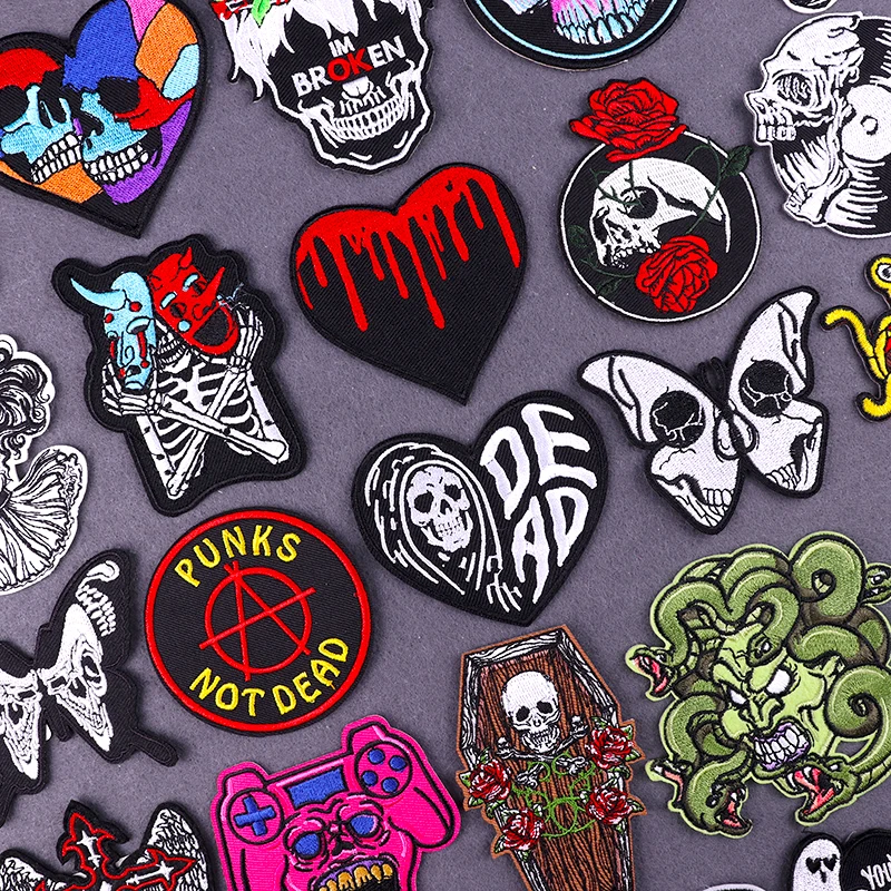 

Punk Heart Skull Patch Iron On Patches On Clothes Flower Skeleton Embroidered Patches For Clothing Stickers Badges Sewing Patch