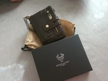 Billetera de cuero genuino para hombre, cartera con grabado gratis 100%, monedero pequeño, mini portatarjetas con cadena, portafolio de bolsillo para hombre