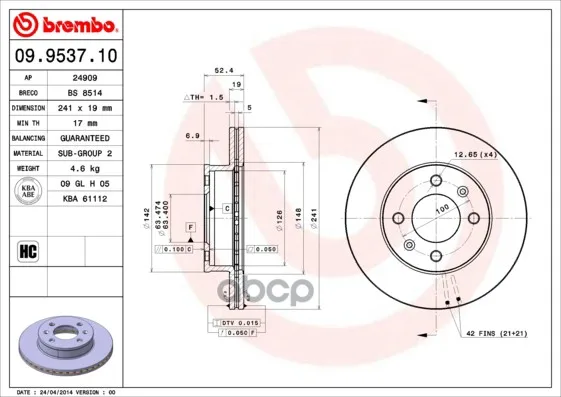 Диск Тормозной Передн Hyundai: Accent 00-, Accent Седан 00- Brembo арт. 09.9537.10