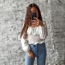 Short Blouses Womens Tops Long-Sleeve Vintage Square-Collar Casual Simple New Bow Solid