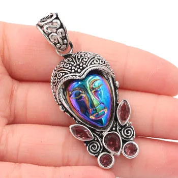 

55x22mm Special 14.9g Aura Rainbow Titanium Goddes Face Amethyst Gift Silver Pendant