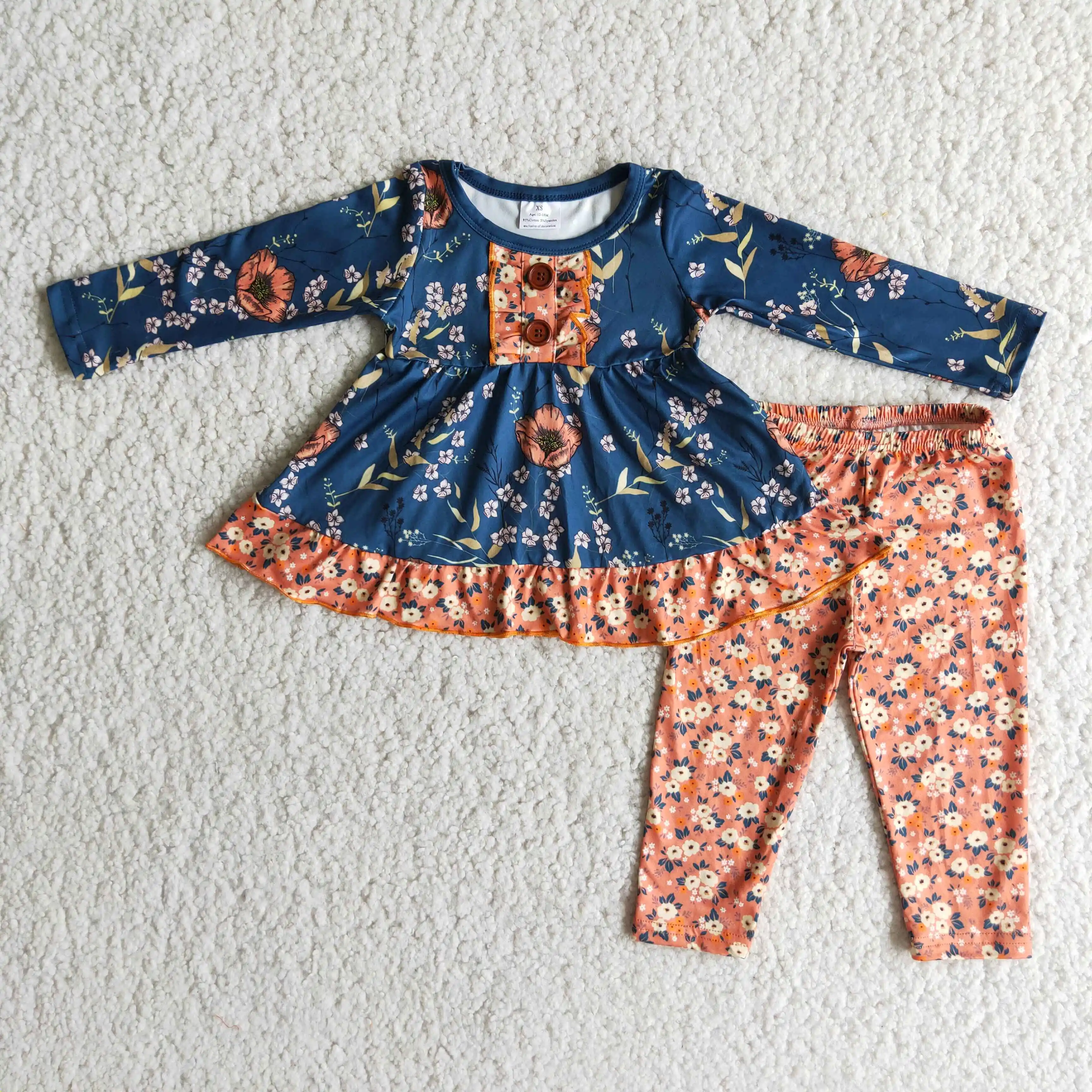 

Fashion casual girl suit blue flower print long-sleeved ruffled blouse pink small floral trousers girl boutique clothing