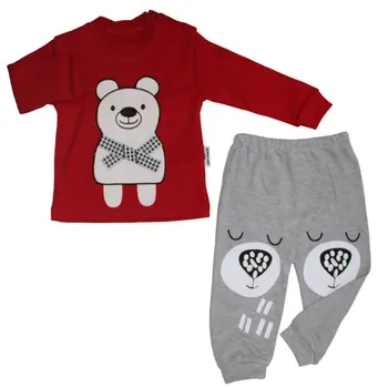 

Red Gray Teddy Bear Embroidered 2'li Suit