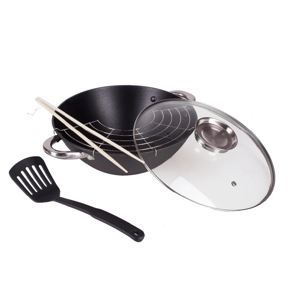 Koop Wok Pan Gietijzeren Braadpan Met Houten Handvat Grill Koffie Pot Bowler Pan Koekenpan Mok Frituren 808  029 030 031