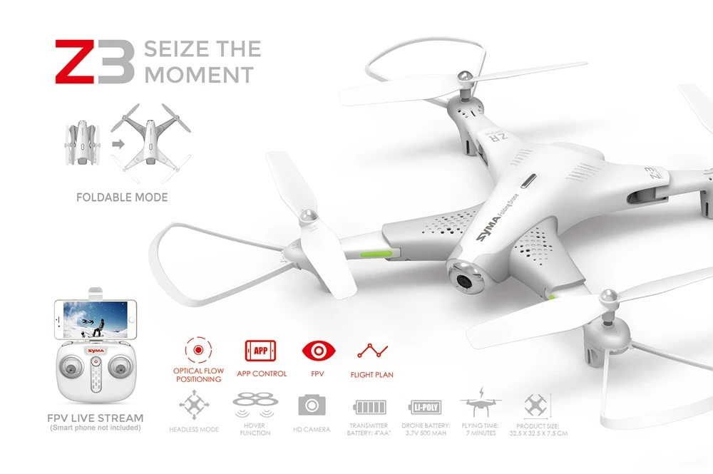 Квадрокоптер Syma Z3 Складной дрон. FPV HD-камера. Барометр, 6-осевой гироскоп. Headless Mode, Gravity Mode