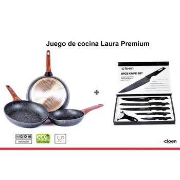 

Knife Set + 3 aluminum Pans with Marble Coating and Soft Handle Bakelite Wood Effect