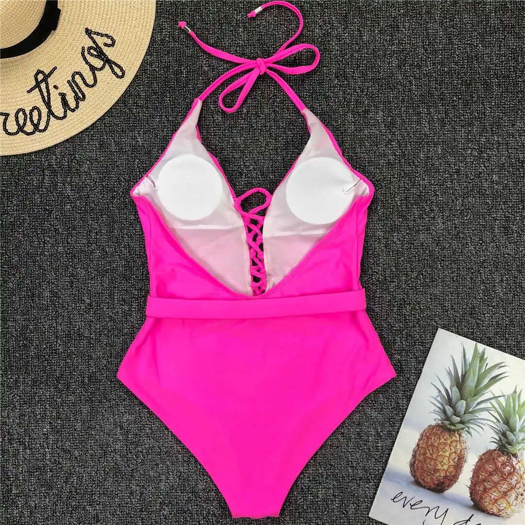 7 Colors Sexy Halter V Neck Lace Up Women Swimwear One Piece Swimsuit Female Bather Bathing Suit Swim Lady With Belt V1762