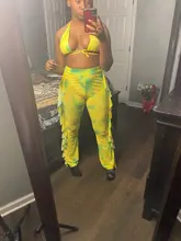 Adogirl corbata tinte dibujo de malla de verano playa, conjunto de dos piezas con bragas mujeres Sexy Bra Top corto de cuello Halter con volantes pantalones de pierna ancha Clubwear