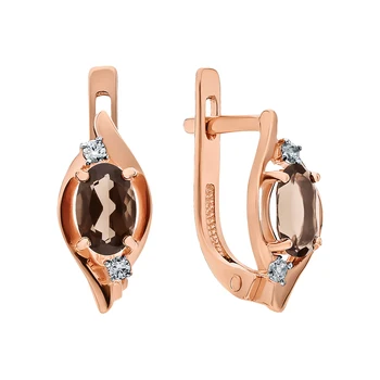 

Gold earrings with cubic zirconia and quartz smoky sunlight sample 585