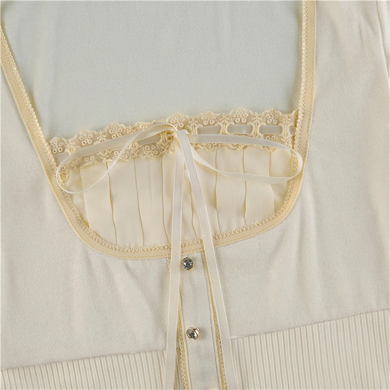 Korean Cute Y2K Retro Cotton Tops Lace Patchwork Buttons Kawaii Tshirts Autumn Square Collar Chic Casual Shirts