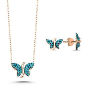 

Angemiel 925 Silver Nano Turquoise Stone Butterfly Set - Rose Gold Plated