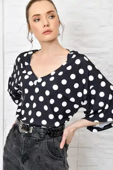 

Trend Alacati Style Women 'S Black V Collar Polka Dot Blouse ALC-017-070-SE