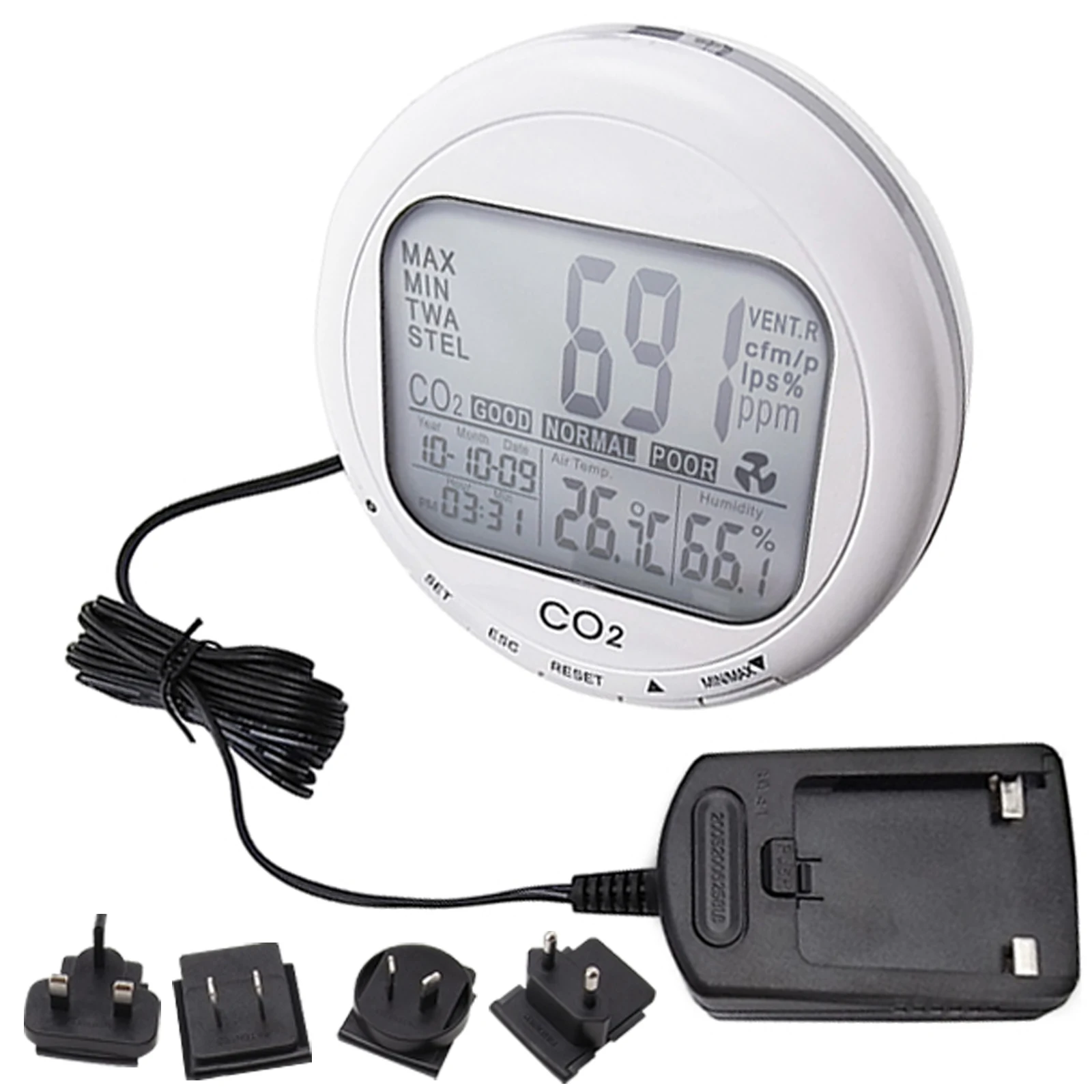 3-in-1 Indoor Air Quality Temperature Humidity CO2 Meter 0-2000ppm Desktop Monitor Meter Clock W/ Automatic Baseline Calibration 3-in-1 Indoor Air Quality Temperature Humidity CO2 Meter 0-2000ppm Desktop Monitor Meter Clock W/ Automatic Baseline Calibration