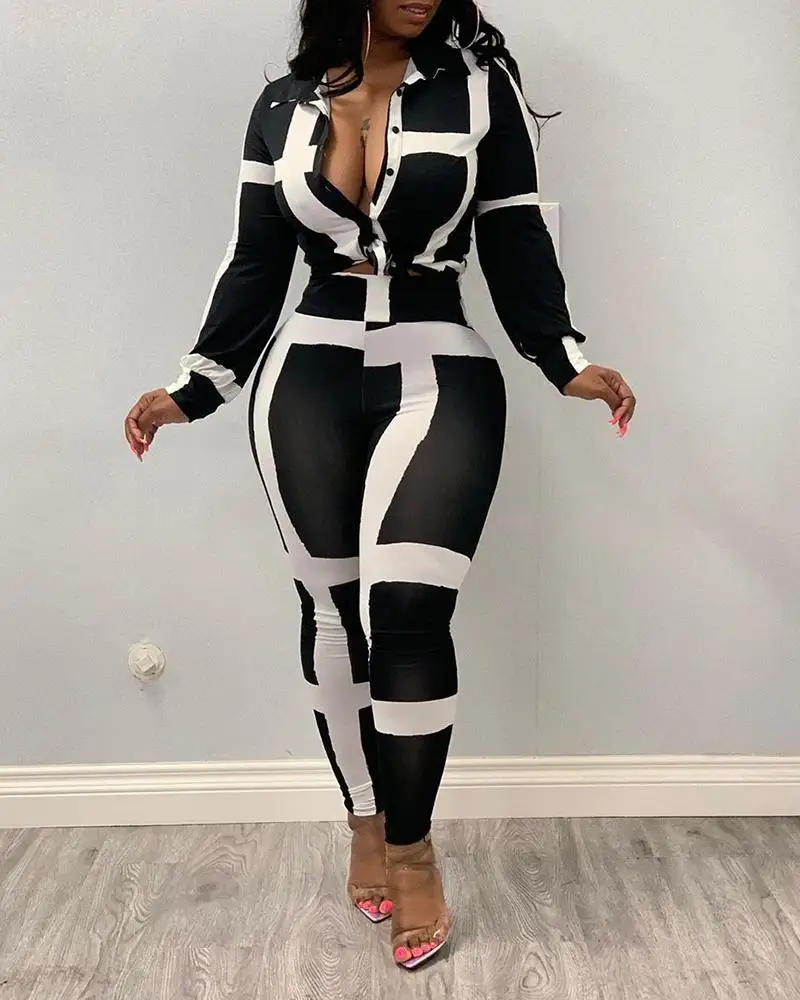 

2020 Women Fashion Elegant Colorblock Striped Buttoned Top & Pants Sets Turn-Down Collar Long Sleeve Crop Top Skinny Pants Set