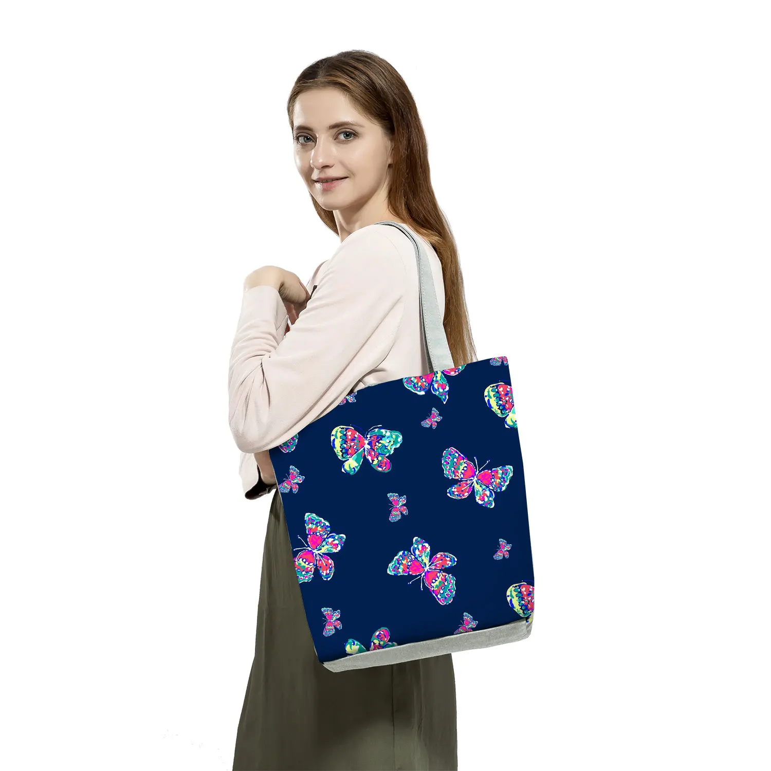 Butterfly Printed Cartoon Handbags Classic Floral High Capacity Foldable Shopping Bag Reusable Women Shoulder Bag Dropshipping