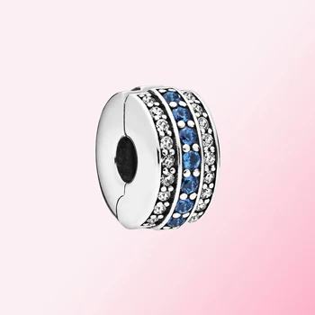 

100% 925 Sterling Silver 1: 1 Blue & Clear Pave Clip Charm DIY Bracelet Bangle High Quality DIY Women's Jewelry Factory Direct