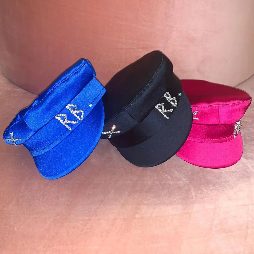 New Brand Designer Spring Summer Caps Women Two-colored Newsboy Cap Crystal-Embellished satin baker boy hat