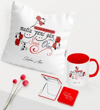 

Personalized 365 Happy New-Day Themed Red Mug Mirror Pillow Set-2