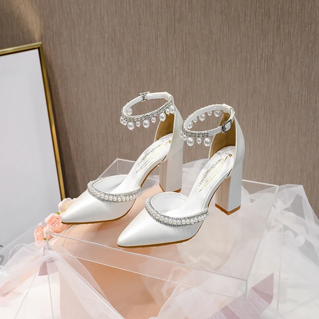 Wedding Dress Shoes Pearl Design Thick Heel Platform 