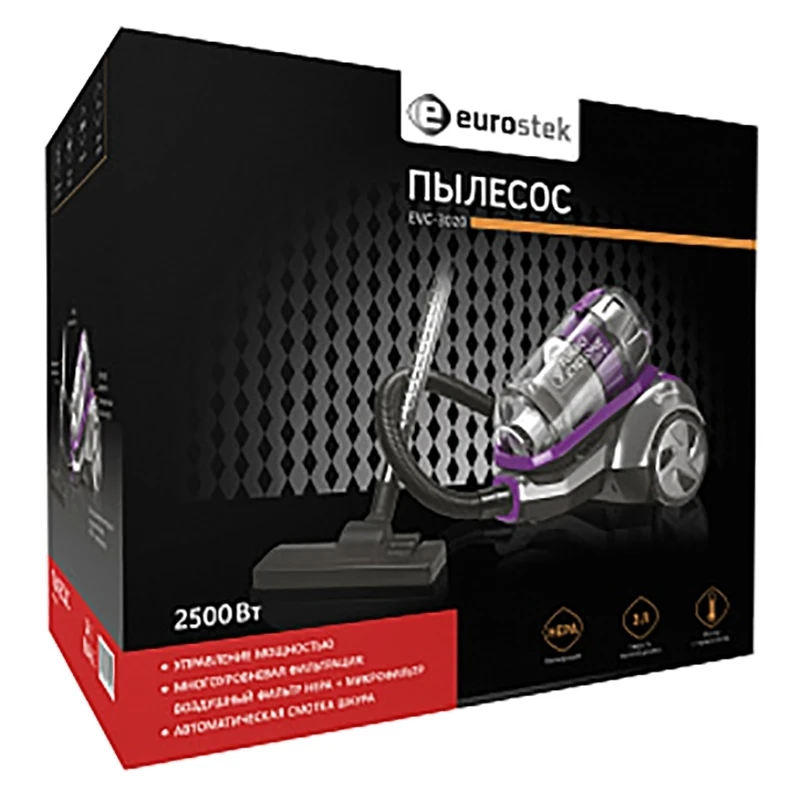 Пылесос электрический Eurostek EVC-3020 (Потребляемая мощность 2500 Вт, мощность всасывания 400 Вт, емкость контейнера 3,5 л, защита от перегрева, автоматическая смотка шнура, фильтр тонкой очистки, индикатор заполнения пылесборника)