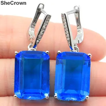 

36x13mm Luxury Created 18x13mm Paris Blue Topaz CZ Gift For Woman's Silver Earrings