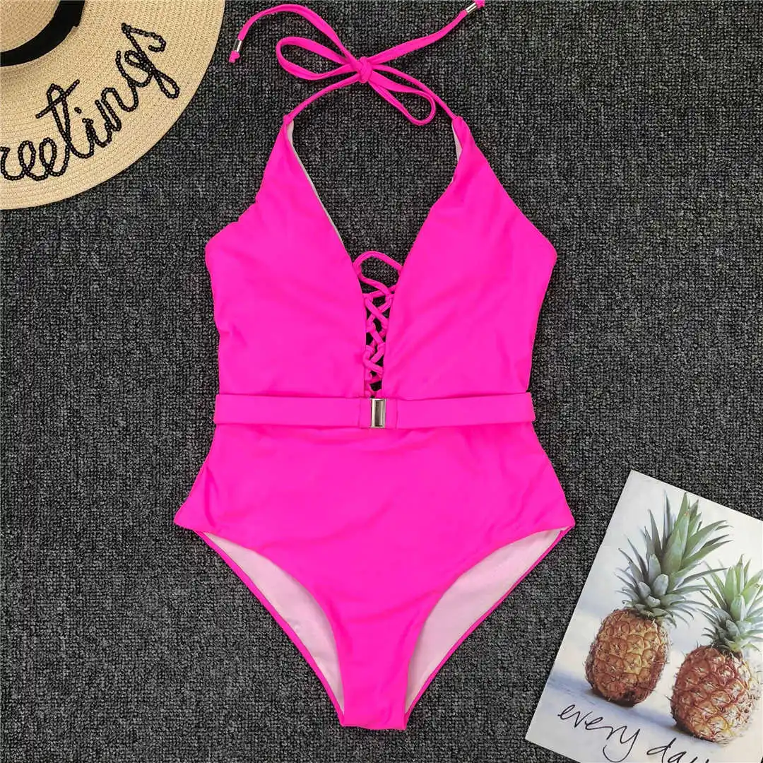 7 Colors Sexy Halter V Neck Lace Up Women Swimwear One Piece Swimsuit Female Bather Bathing Suit Swim Lady With Belt V1762