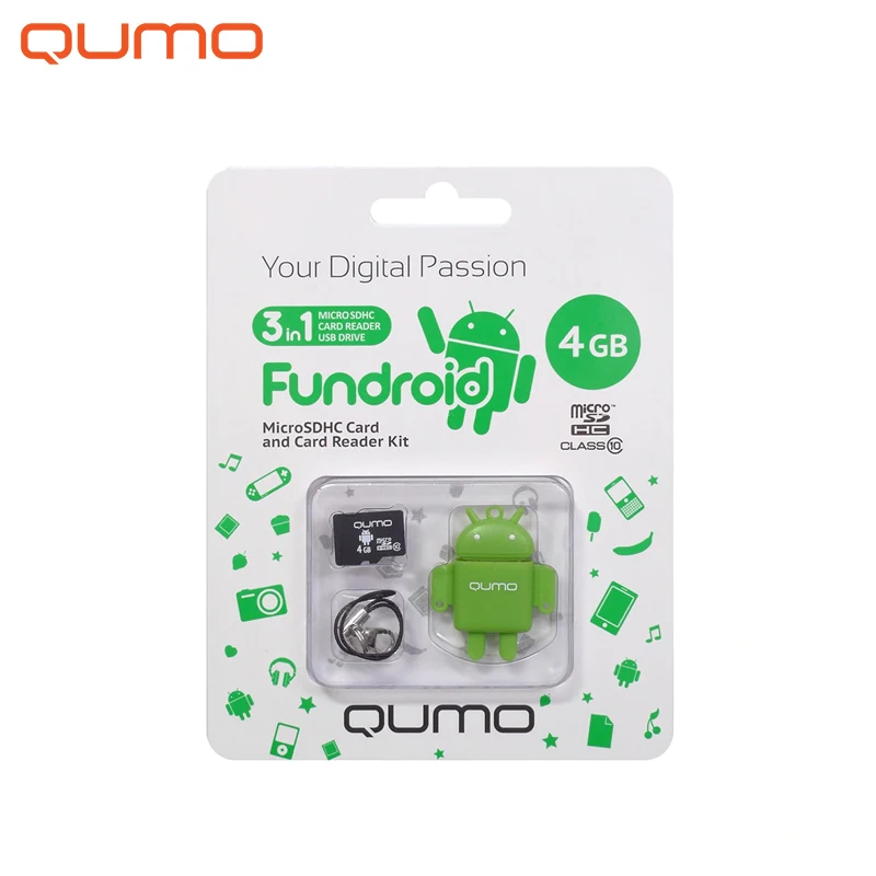 Комплект QUMO QM4GCR-MSD10-FD-GRN microSDHC 4GB + USB картридер | Компьютеры и офис