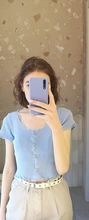 T-Shirt Women Tops Button-Crop-Top Short-Sleeve O-Neck Basic Blue Ruffles Casual Summer