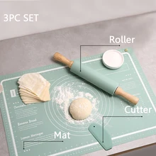 Silicone Pastry Mat 3 Pieces Pastry Mat with Measurement Rolling Pin Cutter Counter Mat Rolling Baking Mat Dough Cookies Mat