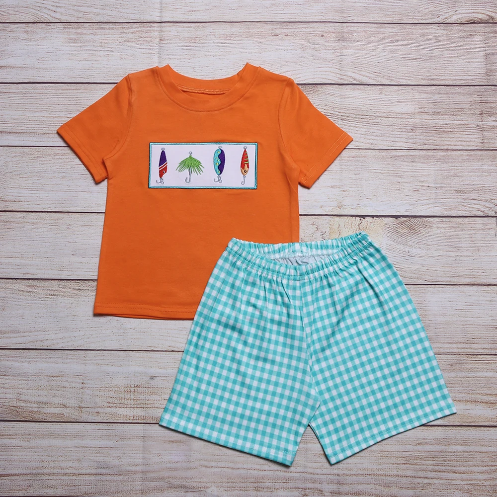 Summer 2pcs Set Clothes For Baby Boys Colorful Fish Hooked Orange Short