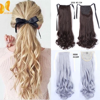 

XINRAN Long Wavy Wrap Around Clip In Ponytail Hair Extension Heat Resistant Synthetic Natural Wave Pony Tail Pure Color 22inches