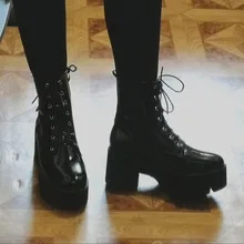 Gdgydh-Botas de encaje con plataforma de cuña gruesa para mujer, Botines de Cuero de charol Punk gótico, color negro, novedad de 2021
